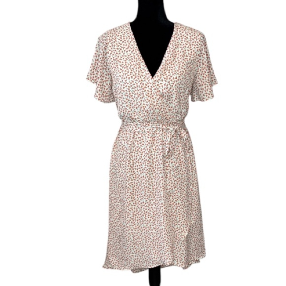 Sienna Sky - Flutter Coral & Cream Floral Midi Faux Wrap Dress - Size Medium